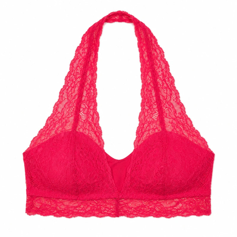 Women's Floral Lace Halter Neck Bralette – Wire-Free Non-Padded Soft Cup Bra