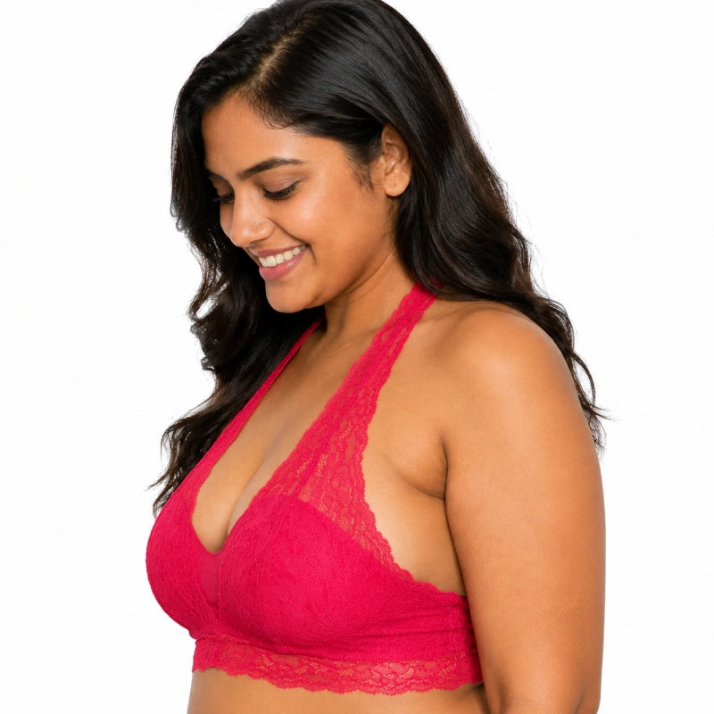 Women's Floral Lace Halter Neck Bralette – Wire-Free Non-Padded Soft Cup Bra