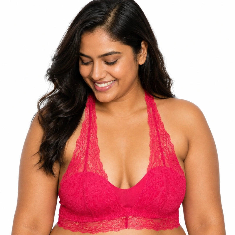 Women's Floral Lace Halter Neck Bralette – Wire-Free Non-Padded Soft Cup Bra
