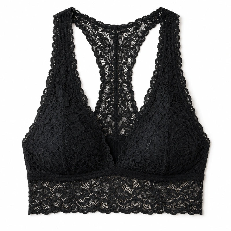 Women's Deep V-Neck Lace Bralette – Wire-Free Non-Padded Soft Support Bra